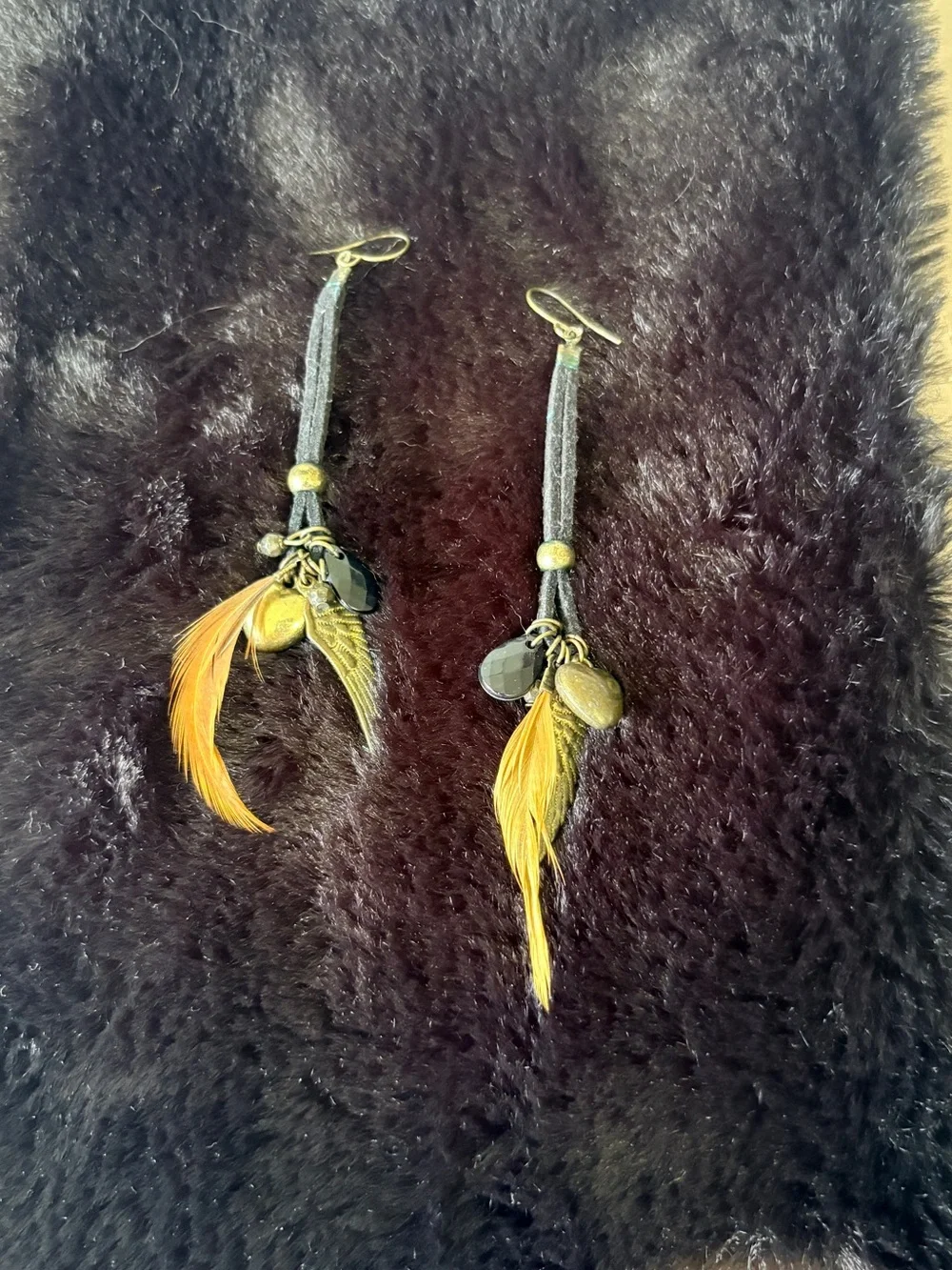 Vintage Black and Bronze Feathers Suede Drop Earrings - Handcrafted Boho Jewelry